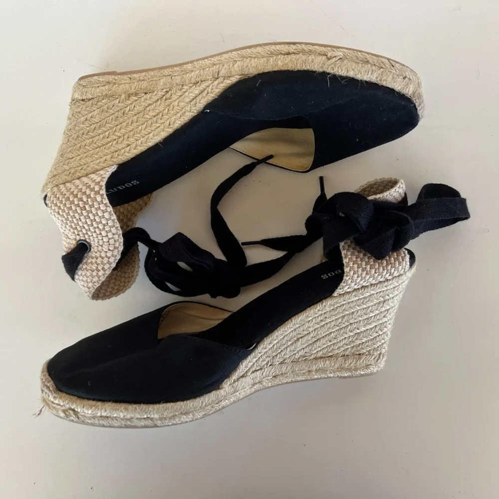 Soludos Marseille Ankle Tie 3.5” Jute Wedge Black Linen, size 10